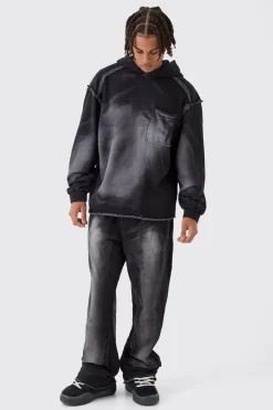 Oversized Boxy Washed Applique Hooded Tracksuit | BoohooMAN UK