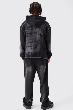 Oversized Boxy Washed Applique Hooded Tracksuit | BoohooMAN UK