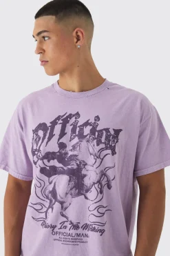 Oversized Boxy Washed Distressed Printed T-Shirt | BoohooMAN UK