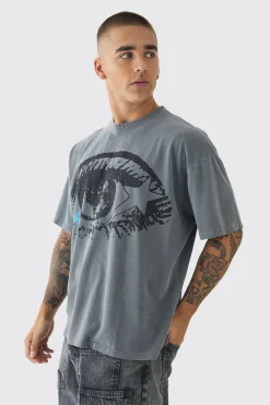 Oversized Boxy Washed Eye Print Raw Hem T-Shirt | BoohooMAN UK