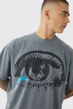 Oversized Boxy Washed Eye Print Raw Hem T-Shirt | BoohooMAN UK