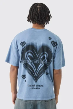 Oversized Boxy Washed Heart Print T-Shirt | BoohooMAN UK