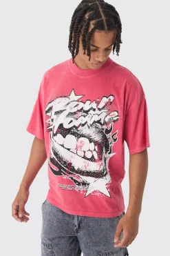 Oversized Boxy Washed Lip Graphic T-Shirt | BoohooMAN UK