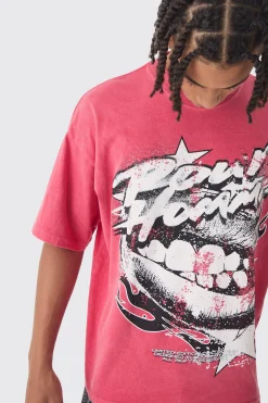 Oversized Boxy Washed Lip Graphic T-Shirt | BoohooMAN UK