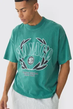 Oversized Boxy Washed Monaco Racing Printed T-Shirt | BoohooMAN UK