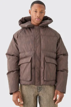 Oversized Boxy Washed Pu Hooded Puffer Coat In Brown | BoohooMAN UK