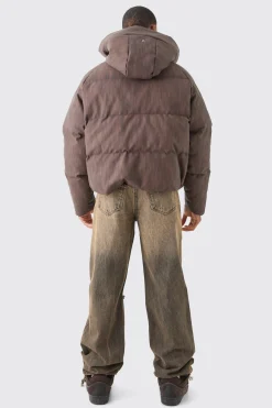 Oversized Boxy Washed Pu Hooded Puffer Coat In Brown | BoohooMAN UK