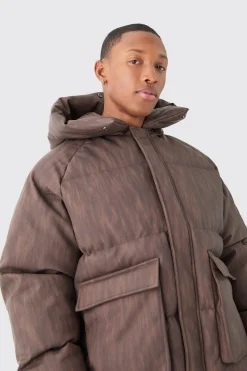 Oversized Boxy Washed Pu Hooded Puffer Coat In Brown | BoohooMAN UK