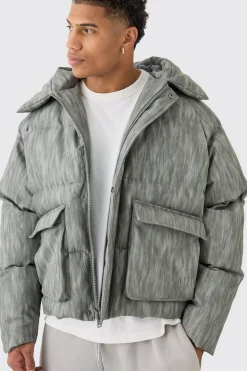 Oversized Boxy Washed Pu Hooded Puffer Coat In Grey | BoohooMAN UK