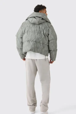 Oversized Boxy Washed Pu Hooded Puffer Coat In Grey | BoohooMAN UK
