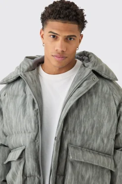 Oversized Boxy Washed Pu Hooded Puffer Coat In Grey | BoohooMAN UK