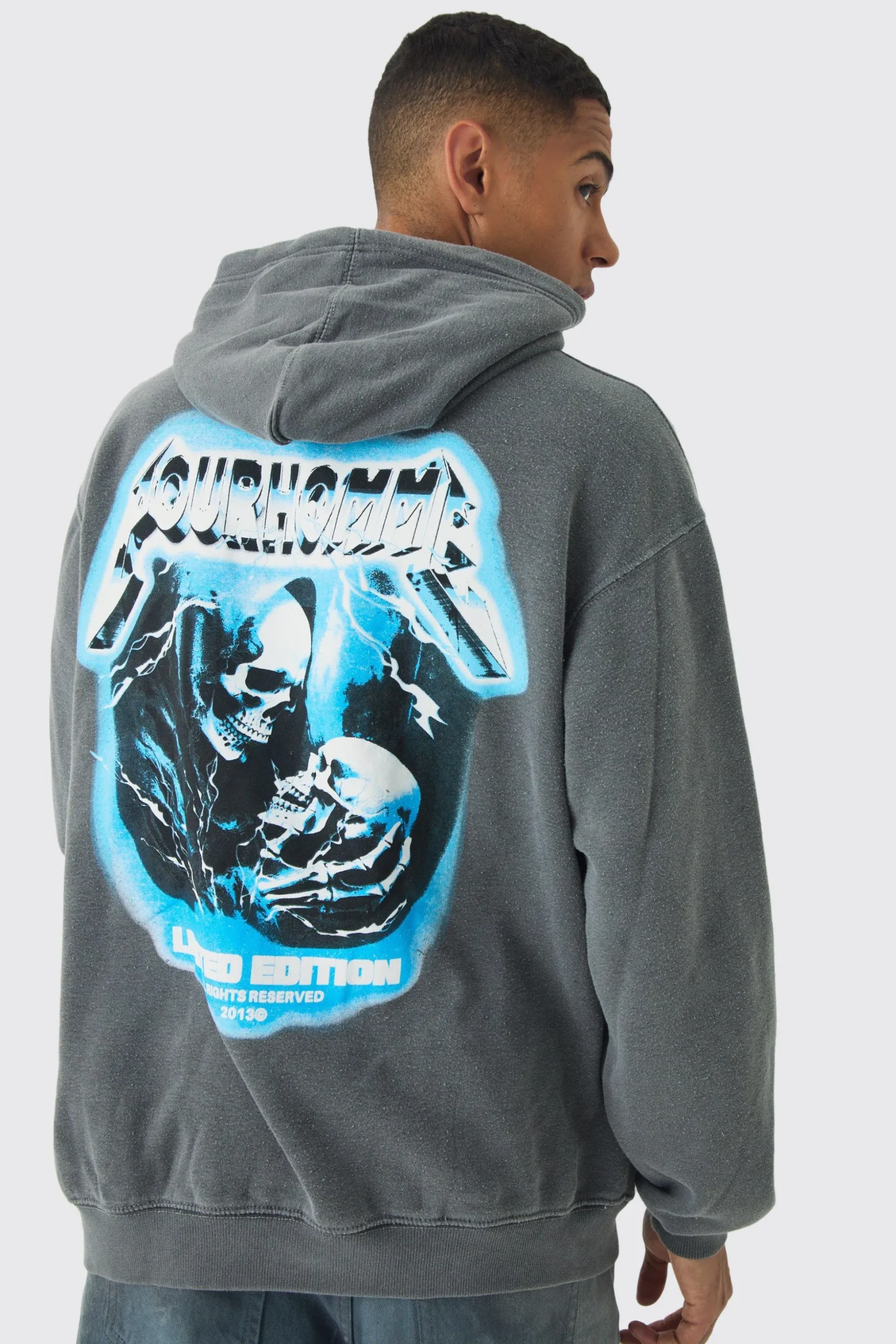 Oversized Boxy Washed Skull Back Print Hoodie | BoohooMAN UK