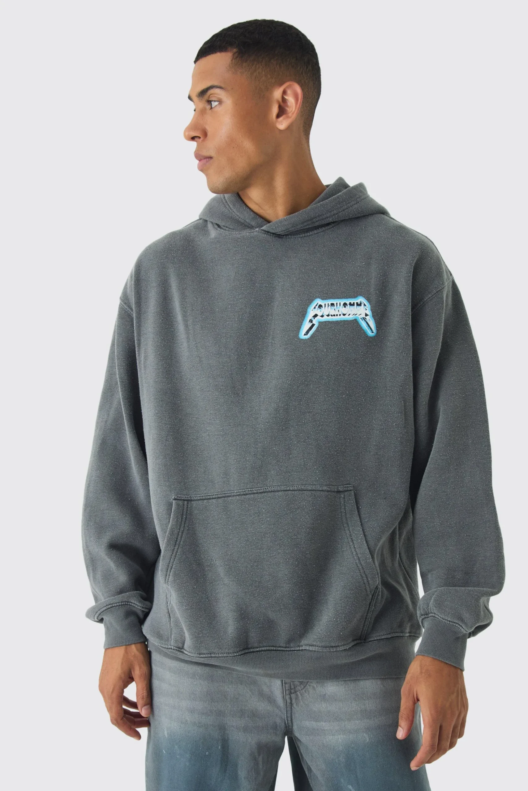Oversized Boxy Washed Skull Back Print Hoodie | BoohooMAN UK