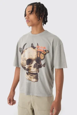 Oversized Boxy Washed Skull Butterfly Print T-Shirt | BoohooMAN UK