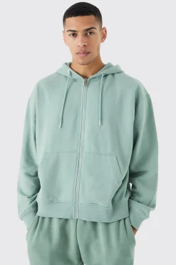 Oversized Boxy Zip Through Washed Hoodie | BoohooMAN UK