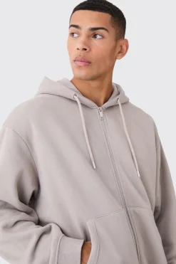 Oversized Boxy Zip Through Washed Hoodie | BoohooMAN UK
