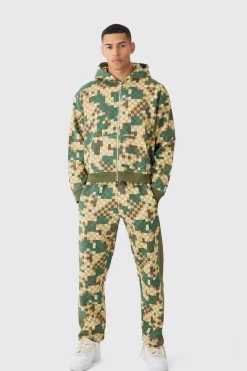 Oversized Boxy Zip Through Camo Hoodie Tracksuit | BoohooMAN UK