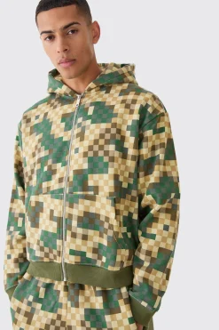 Oversized Boxy Zip Through Camo Hoodie Tracksuit | BoohooMAN UK