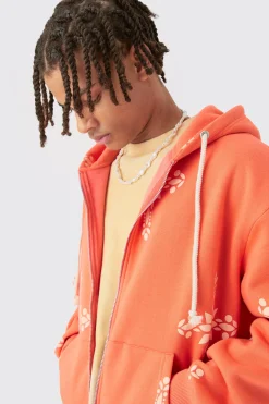 Oversized Boxy Zip Through Cross Printed Hoodie & Shorts | BoohooMAN UK
