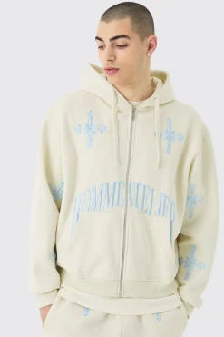 Oversized Boxy Zip Through Homme Embroidered Hood Tracksuit | BoohooMAN UK