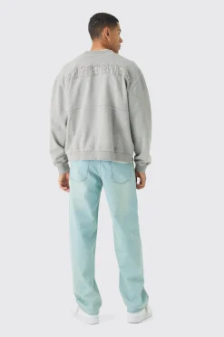 Oversized Boxy Zip Through Distressed Applique Bomber | BoohooMAN UK