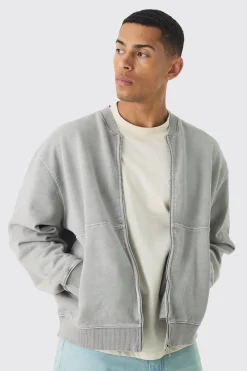 Oversized Boxy Zip Through Distressed Applique Bomber | BoohooMAN UK