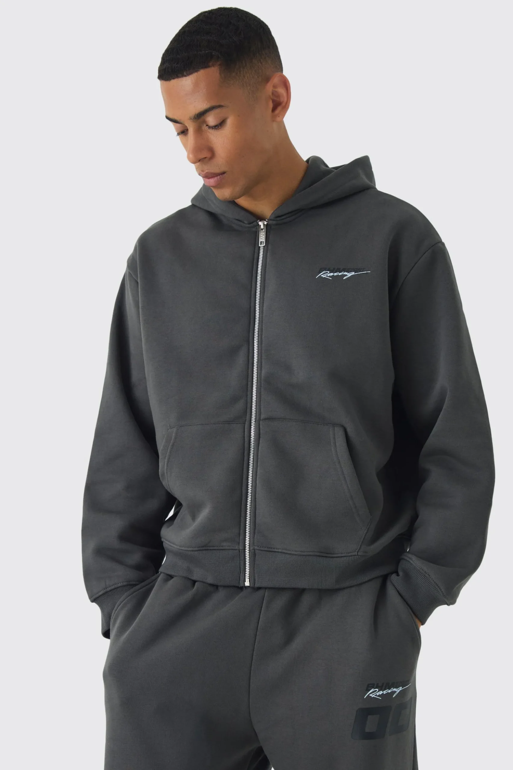 Oversized Boxy Zip Through Moto And Jogger Print Tracksuit | BoohooMAN UK