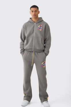 Oversized Boxy Zip Through Smiley Graphic Hooded Tracksuit | BoohooMAN UK