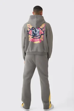 Oversized Boxy Zip Through Smiley Graphic Hooded Tracksuit | BoohooMAN UK