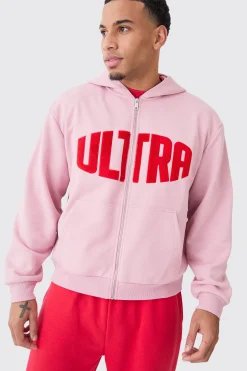 Oversized Boxy Zip Thru Borg Applique Hoodie | BoohooMAN UK