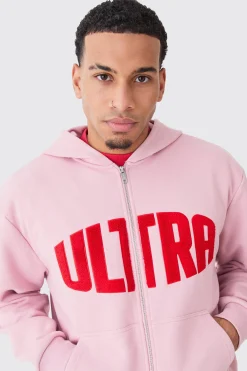 Oversized Boxy Zip Thru Borg Applique Hoodie | BoohooMAN UK