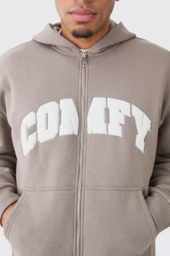 Oversized Boxy Zip Thru Borg Applique Hoodie | BoohooMAN UK