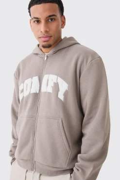Oversized Boxy Zip Thru Borg Applique Hoodie | BoohooMAN UK