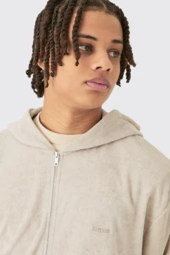 Oversized Boxy Zip Towelling Edition Hoodie | BoohooMAN UK