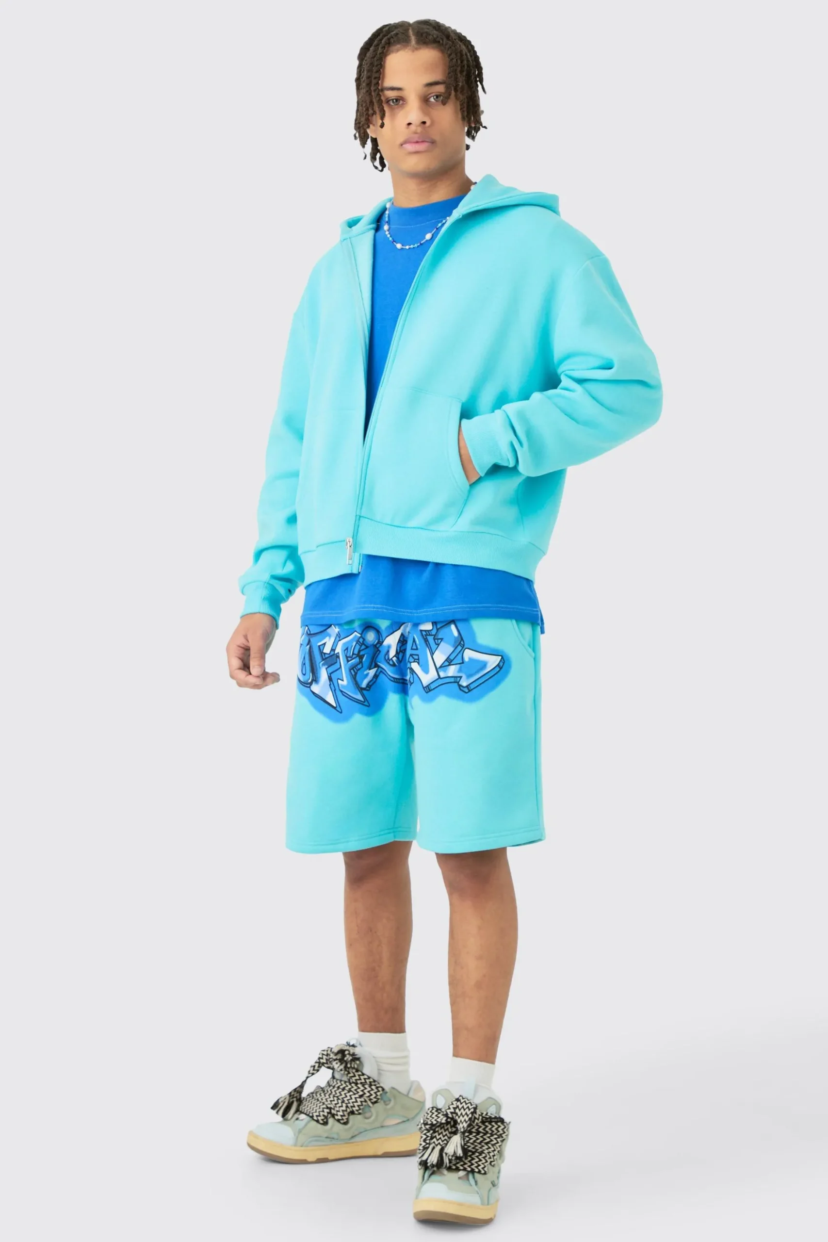 Oversized Boxy Zip Up Official Graffiti Spray Hoodie And Shorts Set | BoohooMAN UK