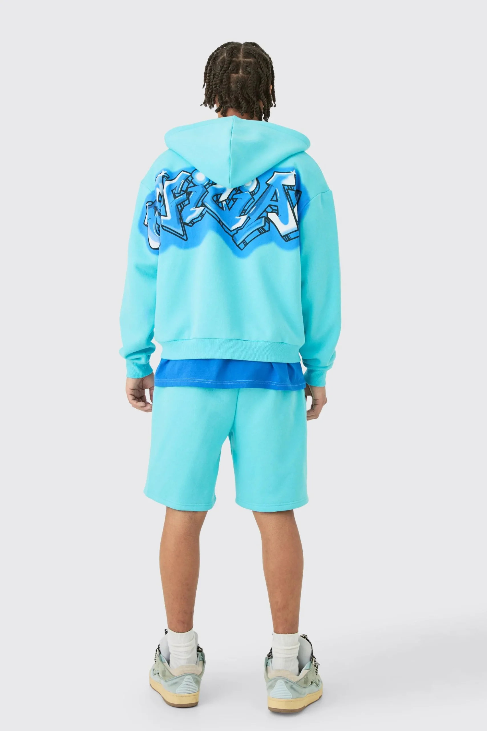 Oversized Boxy Zip Up Official Graffiti Spray Hoodie And Shorts Set | BoohooMAN UK