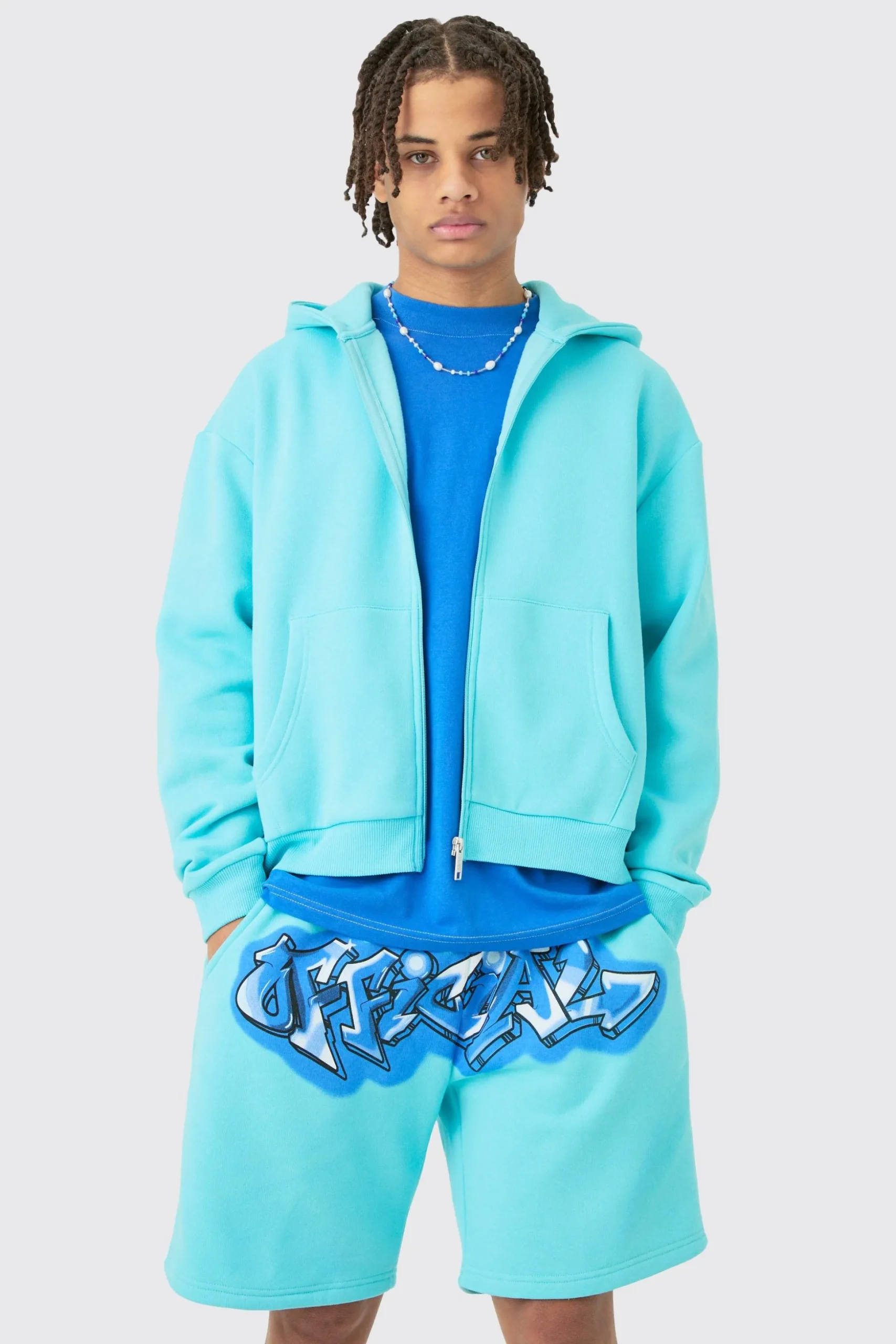 Oversized Boxy Zip Up Official Graffiti Spray Hoodie And Shorts Set | BoohooMAN UK