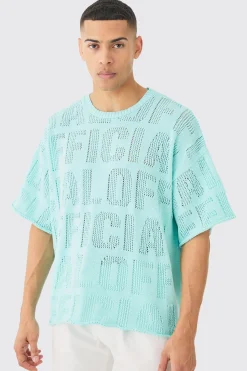 Oversized Branded Open Stitch T-shirt In Light Blue | BoohooMAN UK