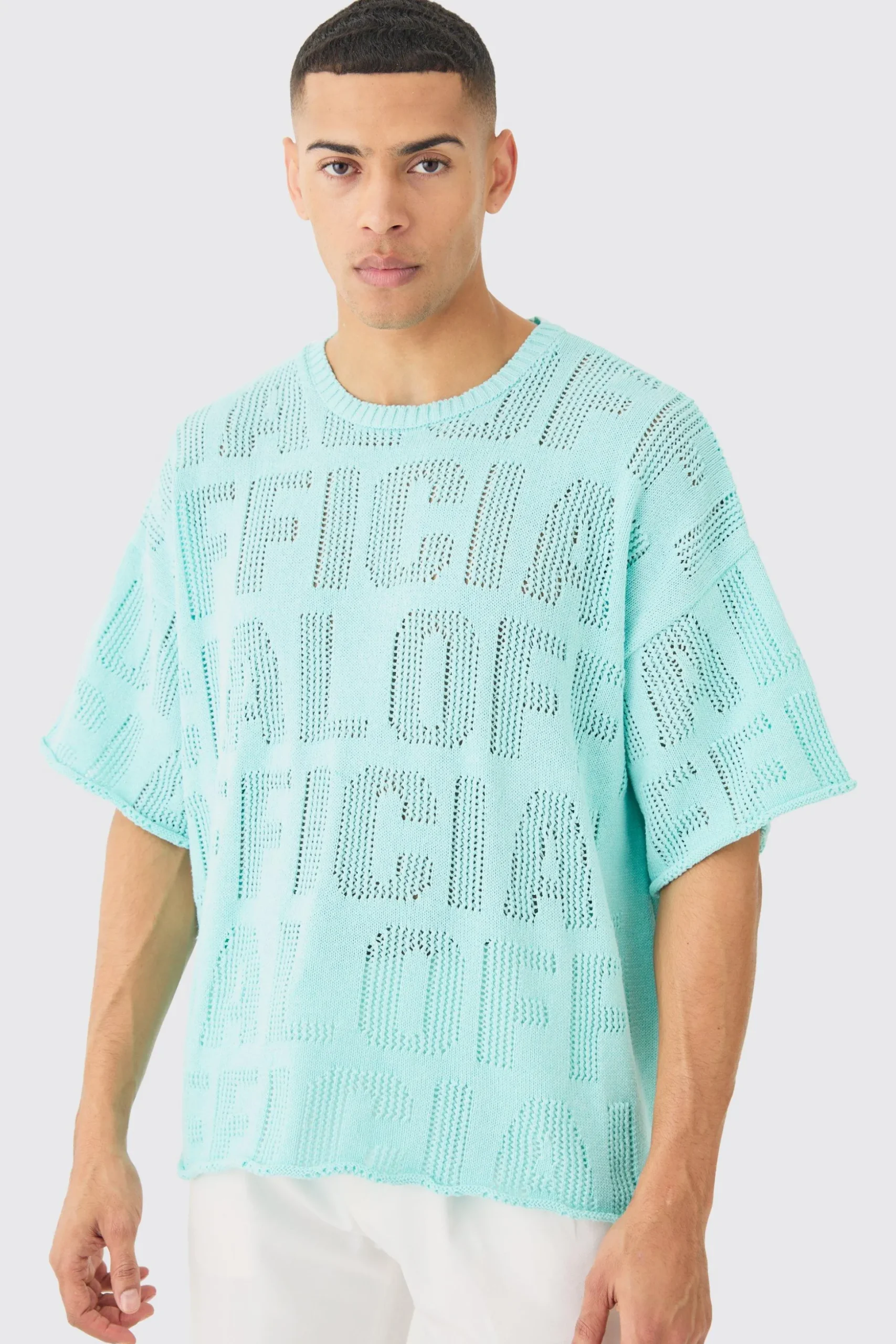 Oversized Branded Open Stitch T-shirt In Light Blue | BoohooMAN UK