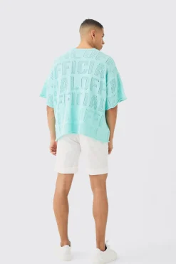 Oversized Branded Open Stitch T-shirt In Light Blue | BoohooMAN UK