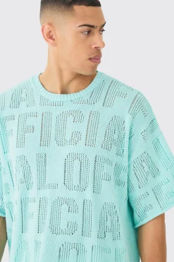 Oversized Branded Open Stitch T-shirt In Light Blue | BoohooMAN UK