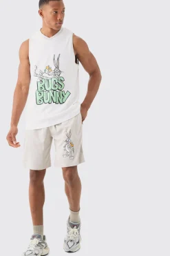 Oversized Bugs Bunny Looney Tunes License Mesh Vest And Short Set | BoohooMAN UK