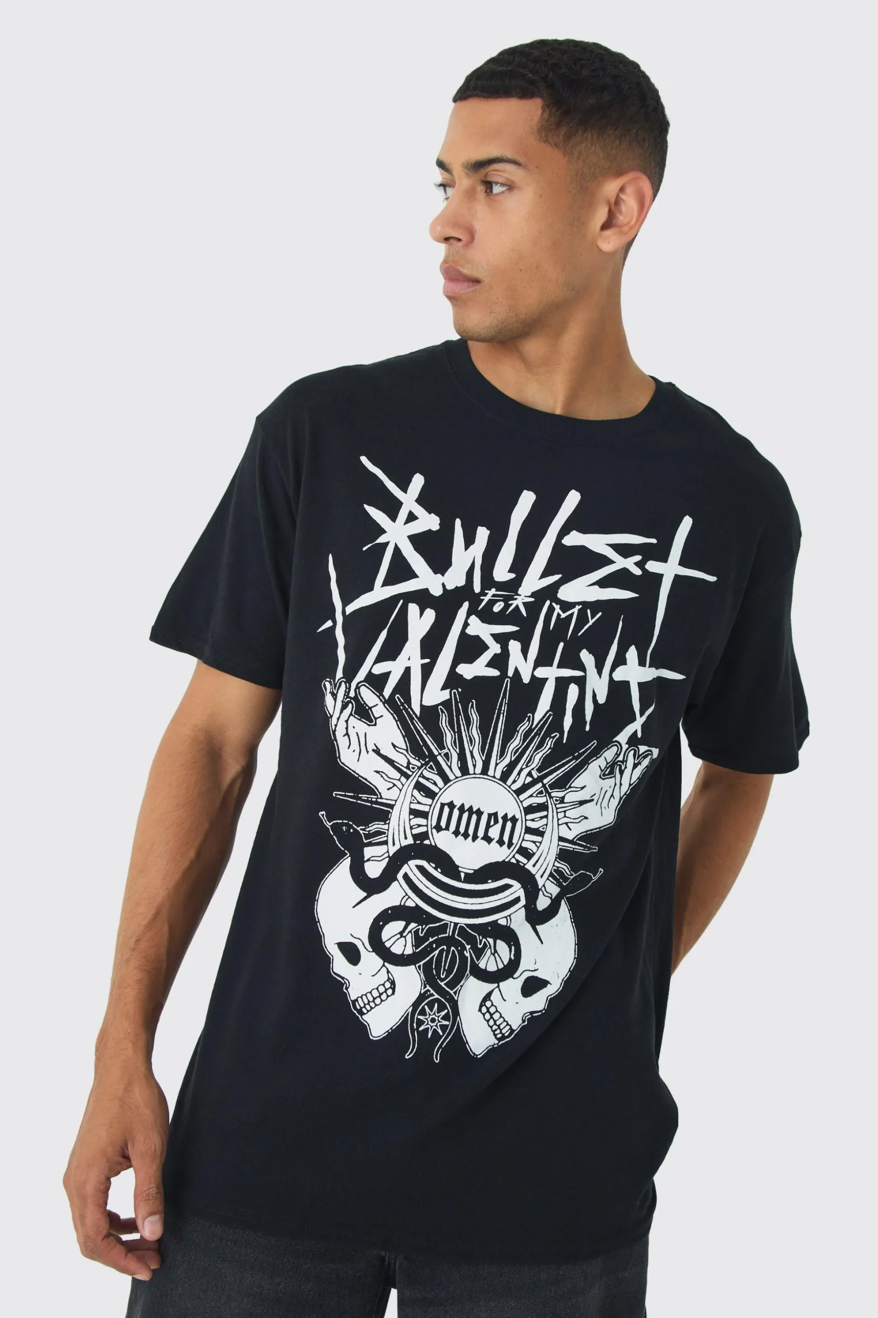 Oversized Bullet For My Valentine License Print T-Shirt | BoohooMAN UK