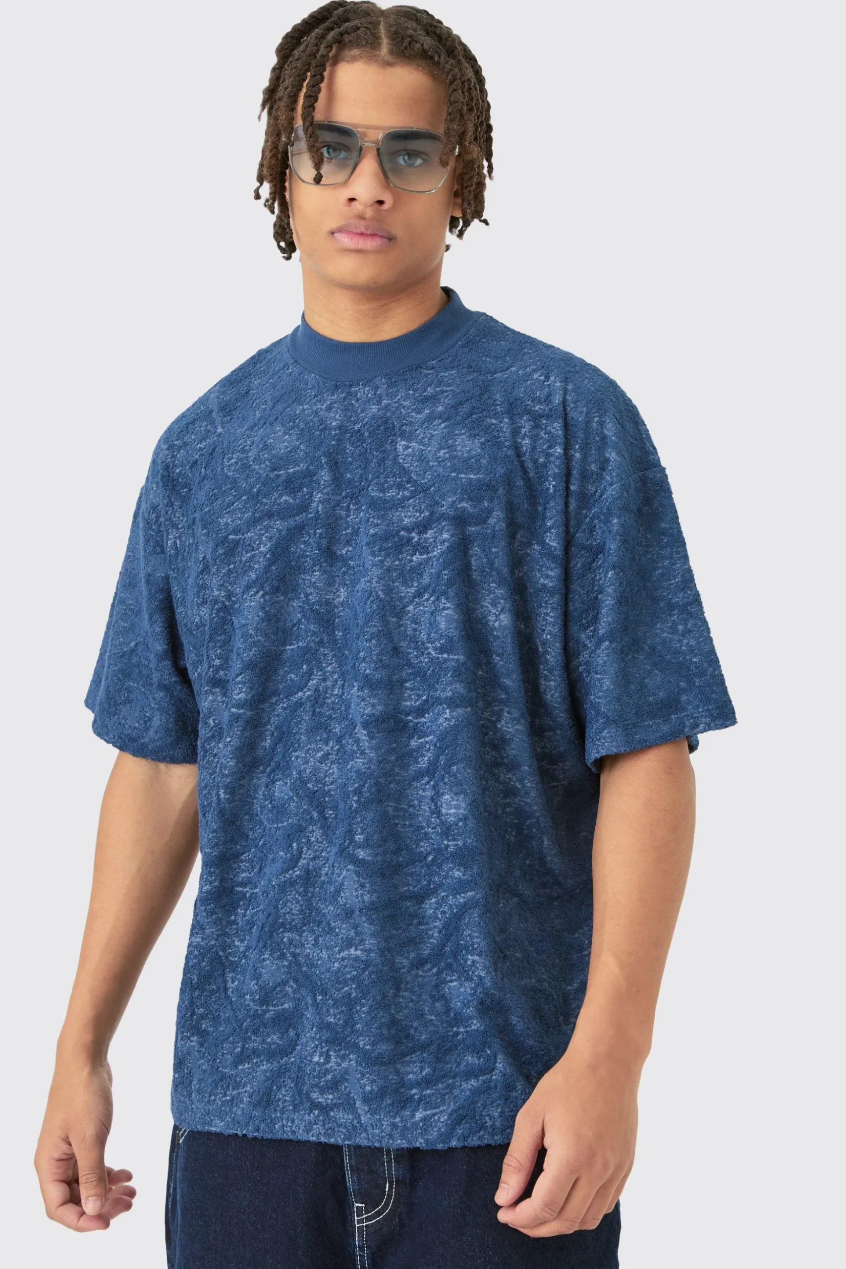 Oversized Burnout Towelling Jacquard T-shirt | BoohooMAN UK