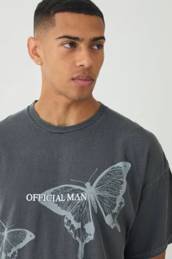 Oversized Butterfly Print Wash T-shirt | BoohooMAN UK