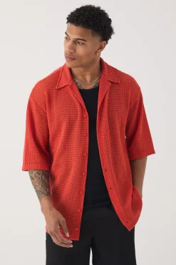 Oversized Button Through Textured Shirt | BoohooMAN UK