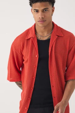 Oversized Button Through Textured Shirt | BoohooMAN UK