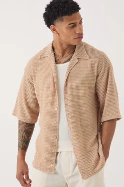Oversized Button Through Textured Short Sleeve Shirt | BoohooMAN UK