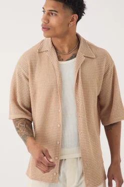 Oversized Button Through Textured Short Sleeve Shirt | BoohooMAN UK