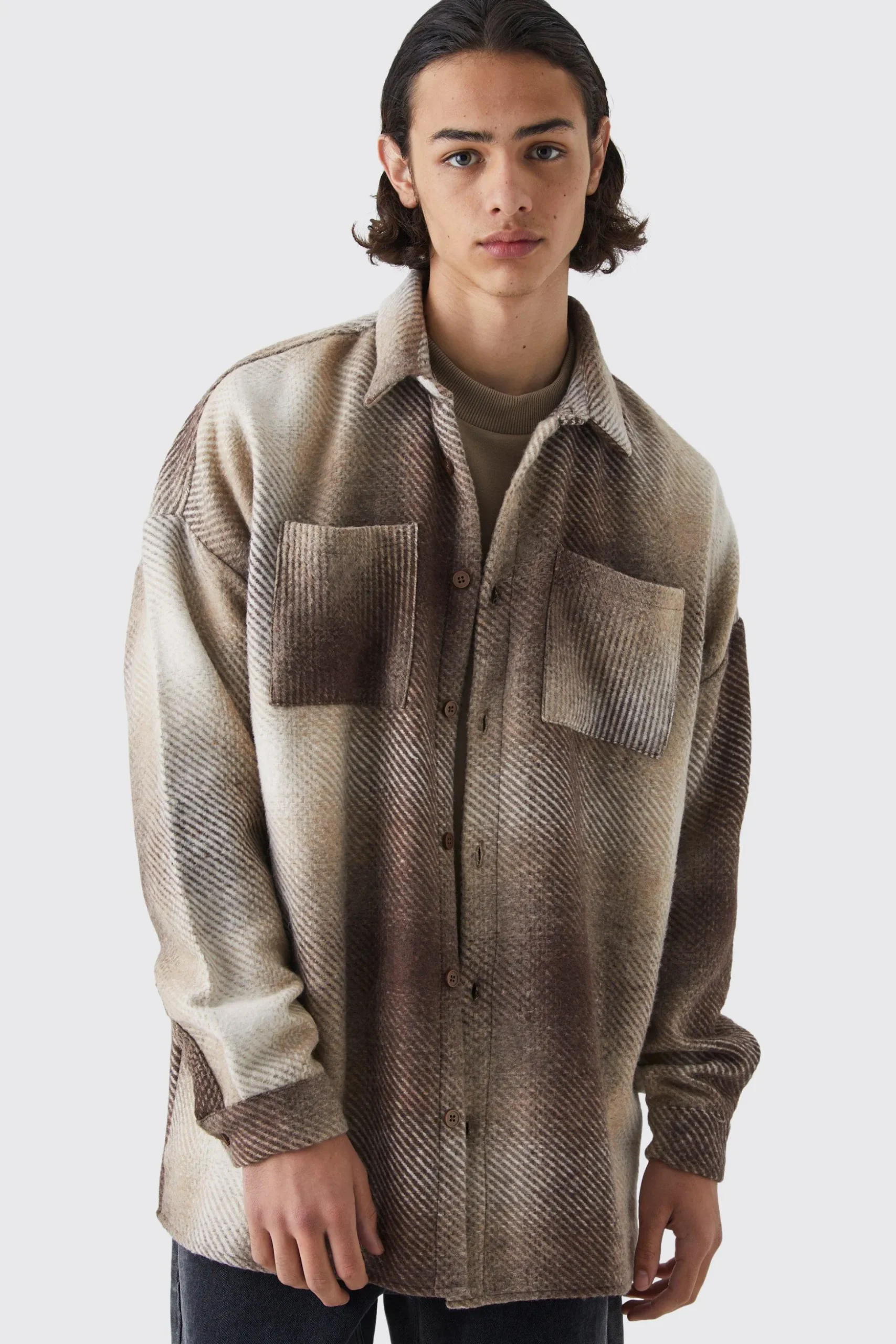 Oversized Button Up Ombre Check Overshirt | BoohooMAN UK